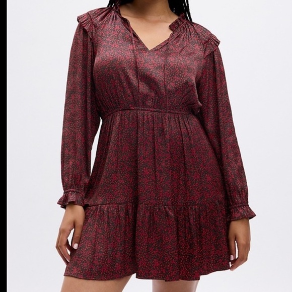 GAP Long Sleeve Tiered Burgundy Split-Neck CottegeCore Satin Mini Dress - Picture 1 of 4